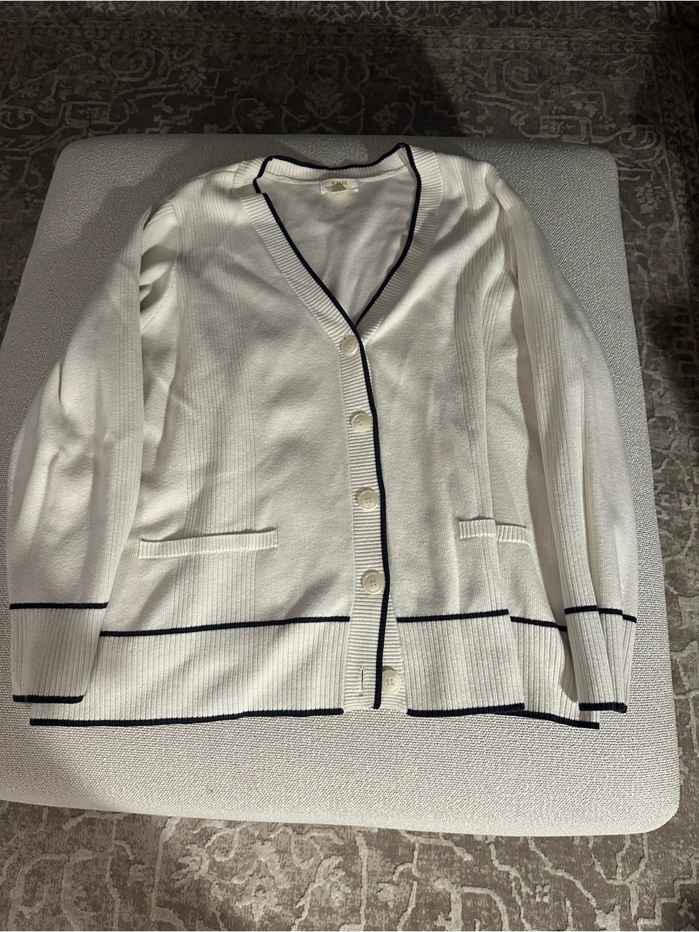 Anthropologie Maeve White Sweater with Navy Trim